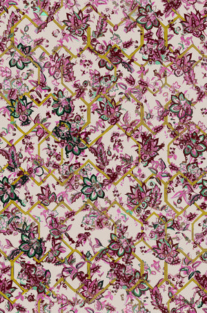 Creeping Trellis Metallic Grasscloth grasscloth by Parker and Jules in pink and yellow, pattern sample