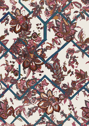 Creeping Trellis Metallic Grasscloth grasscloth by Parker and Jules in red, pattern sample of flowers on a trellis