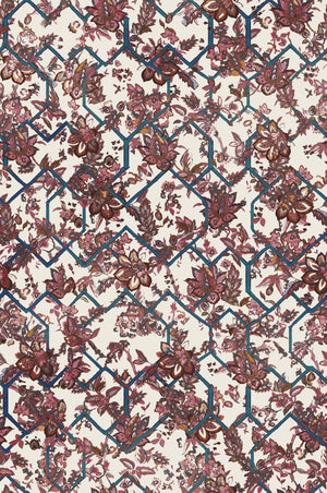 Creeping Trellis wallpaper by Parker and Jules in red, flat sample of flowers on a trellis