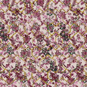 Creeping Trellis linen by Parker and Jules in cream and yellow, flat sample of flowers on a trellis