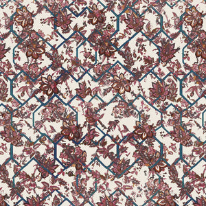 Creeping Trellis linen by Parker and Jules in red, flat sample of flowers on a trellis
