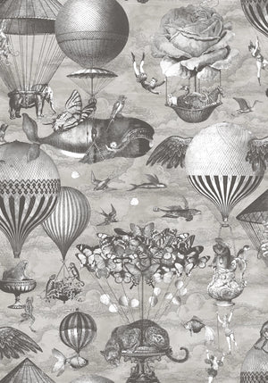 Curious Skies wallpaper by Brand McKenzie in black and white, detail of hot air balloons and creatures in the clouds