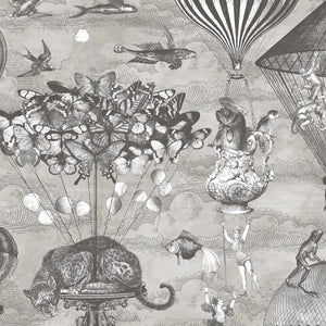 Curious Skies wallpaper by Brand McKenzie in black and white, close-up of hot air balloons and creatures in the clouds