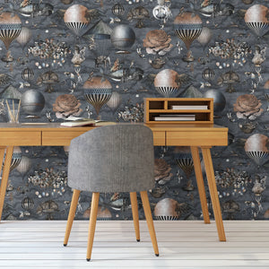 Curious Skies wallpaper by Brand McKenzie in navy, hot air balloons and creatures in the clouds in a home office