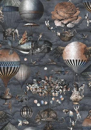 Curious Skies wallpaper by Brand McKenzie in charcoal, pattern detail of hot air balloons and creatures in the clouds