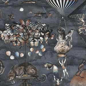 Curious Skies wallpaper by Brand McKenzie in charcoal, close view of hot air balloons and creatures in the clouds