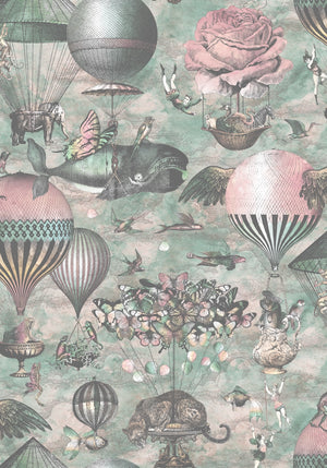 Curious Skies wallpaper by Brand McKenzie in pale grey, detail of hot air balloons and creatures in the clouds