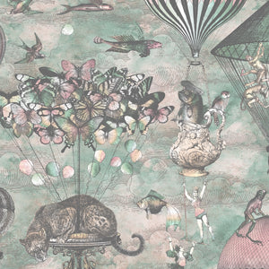 Curious Skies wallpaper by Brand McKenzie in pale grey, close-up of hot air balloons and creatures in the clouds