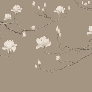 Magnolia in Blossom wallpaper by Dami and Em Design in beige, full repeat of magnolia branches