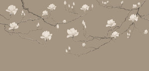 Magnolia in Blossom wallpaper by Dami and Em Design in beige, full repeat of magnolia branches