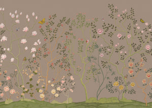 Eden Garden wallpaper by Dami and Em Design in green, flat sample of a chinoiserie garden