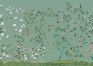 Eden Garden wallpaper by Dami and Em Design in green, full repeat of a chinoiserie garden