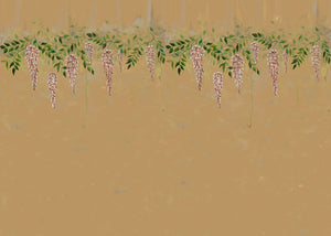 Blossom Veil wallpaper by Dami and Em Design in ochre, flat sample of trailing blossom garlands