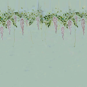 Blossom Veil wallpaper by Dami and Em Design in pale green, full repeat of trailing blossom garlands