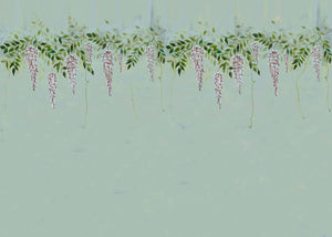 Blossom Veil wallpaper by Dami and Em Design in pale green, full repeat of trailing blossom garlands