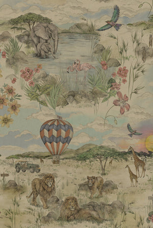 Lyons Den wallpaper by Victoria Sanders in beige and blue, detail of a hot-air balloon and safari toile