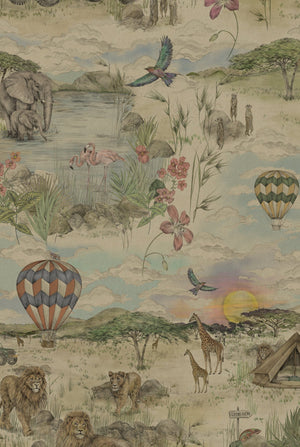 Lyons Den wallpaper by Victoria Sanders in beige and blue, close-up of a hot-air balloon and safari toile