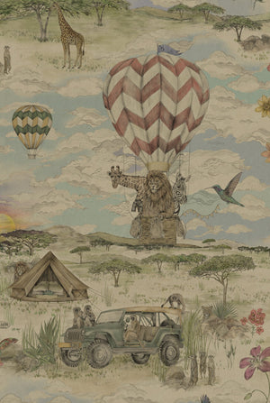 Lyons Den wallpaper by Victoria Sanders in beige and blue, full repeat of a hot-air balloon and safari toile