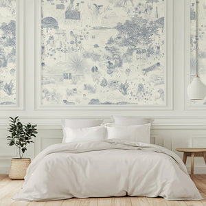 Dog Tales wallpaper by Victoria Sanders in cream, a toile of dogs in the countryside in a bedroom