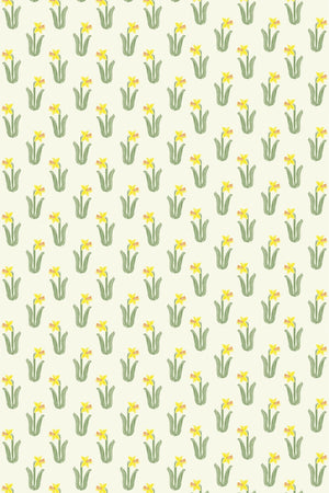 Daffodil wallpaper by Annika Reed in yellow and green, flat sample of daffodils