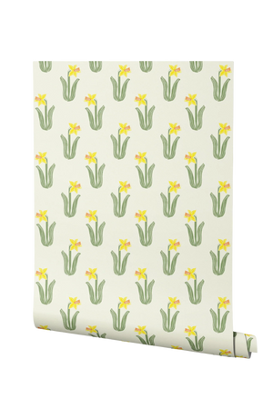 Daffodil wallpaper by Annika Reed in yellow and green, partly unrolled roll showing daffodils