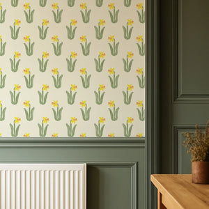 Daffodil wallpaper by Annika Reed in yellow and green, daffodils in a hallway