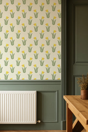 Daffodil wallpaper by Annika Reed in yellow and green, daffodils in a hallway