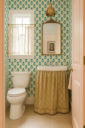 Dahlia wallpaper by Annika Reed in green, dahlia flowers in a bathroom