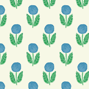 Dahlia wallpaper by Annika Reed in blue and green, full repeat of dahlia flowers
