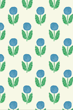 Dahlia wallpaper by Annika Reed in blue and green, full repeat of dahlia flowers