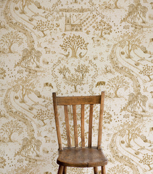 Daily Walk wallpaper by Studio Le Cocq in gold, a country toile in a styled room setting