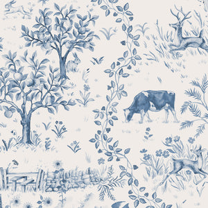Daily Walk wallpaper by Studio Le Cocq in blue, full repeat of a country toile