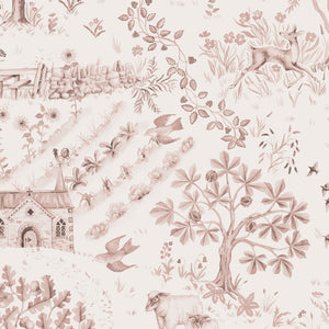 Daily Walk wallpaper by Studio Le Cocq in pink, pattern sample of a country toile