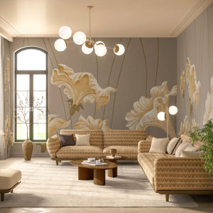 Dancing Flowers wallpaper by Dami and Em Design in beige, large dancing flowers behind a sofa in a living room