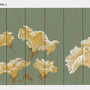 Dancing Flowers wallpaper by Dami and Em Design in pale green, full repeat of large dancing flowers
