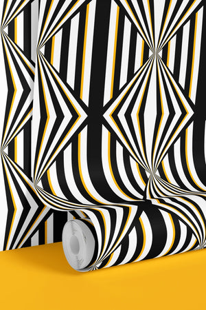 Deco Prism wallpaper by Liberty James Studio in black and gold, art deco wave stripes in a living room