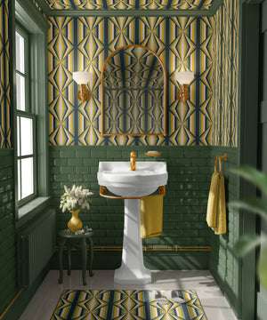 Deco Prism wallpaper by Liberty James Studio in yellow and green, art deco wave stripes on a bathroom wall