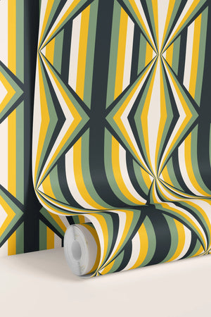 Deco Prism wallpaper by Liberty James Studio in yellow and green, roll showing art deco wave stripes