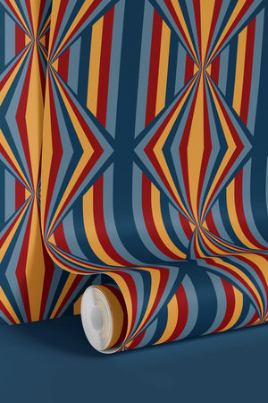 Deco Prism wallpaper by Liberty James Studio in multicolour, partly unrolled roll showing art deco wave stripes