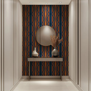 Deco Prism wallpaper by Liberty James Studio in multicolour, art deco wave stripes in an entryway