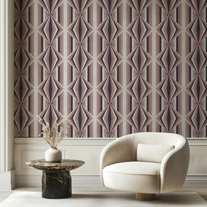 Deco Prism wallpaper by Liberty James Studio in pink, art deco wave stripes on a living room wall