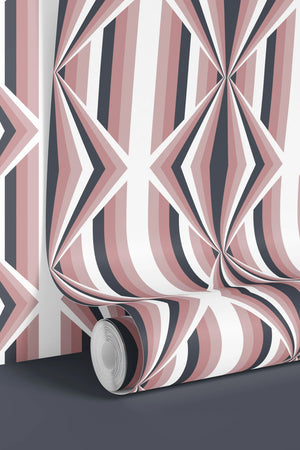 Deco Prism wallpaper by Liberty James Studio in pink, sample roll showing art deco wave stripes
