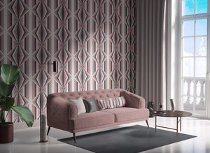 Deco Prism wallpaper by Liberty James Studio in pink, art deco wave stripes in a living room