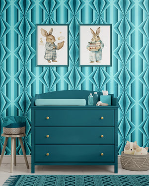 Deco Prism wallpaper by Liberty James Studio in teal, art deco wave stripes in a child's room