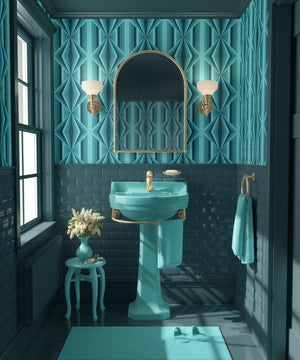 Deco Prism wallpaper by Liberty James Studio in teal, art deco wave stripes in a bathroom