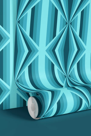 Deco Prism wallpaper by Liberty James Studio in teal, roll showing art deco wave stripes