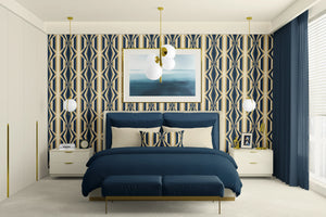 Deco Prism wallpaper by Liberty James Studio in navy and gold, art deco wave stripes in a bedroom