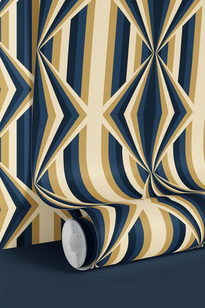Deco Prism wallpaper by Liberty James Studio in navy and gold, roll showing art deco wave stripes