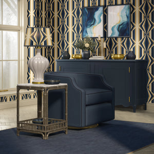 Deco Prism wallpaper by Liberty James Studio in navy and gold, art deco wave stripes on a living room wall