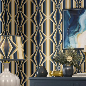 Deco Prism wallpaper by Liberty James Studio in navy and gold, art deco wave stripes above a sideboard